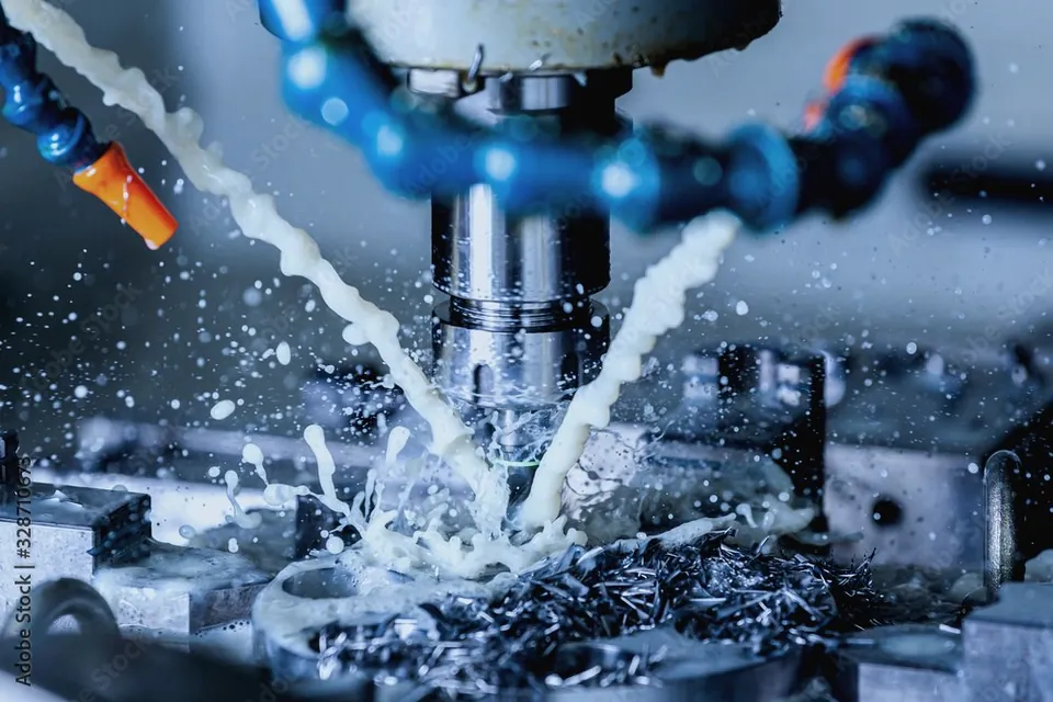 CNC milling of steel with coolant and metal chips
