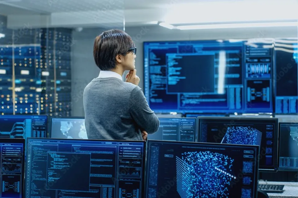Operator monitors systems on a video wall in a control room