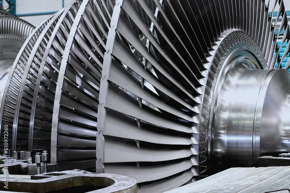 Steam turbine rotor with blades in a workshop