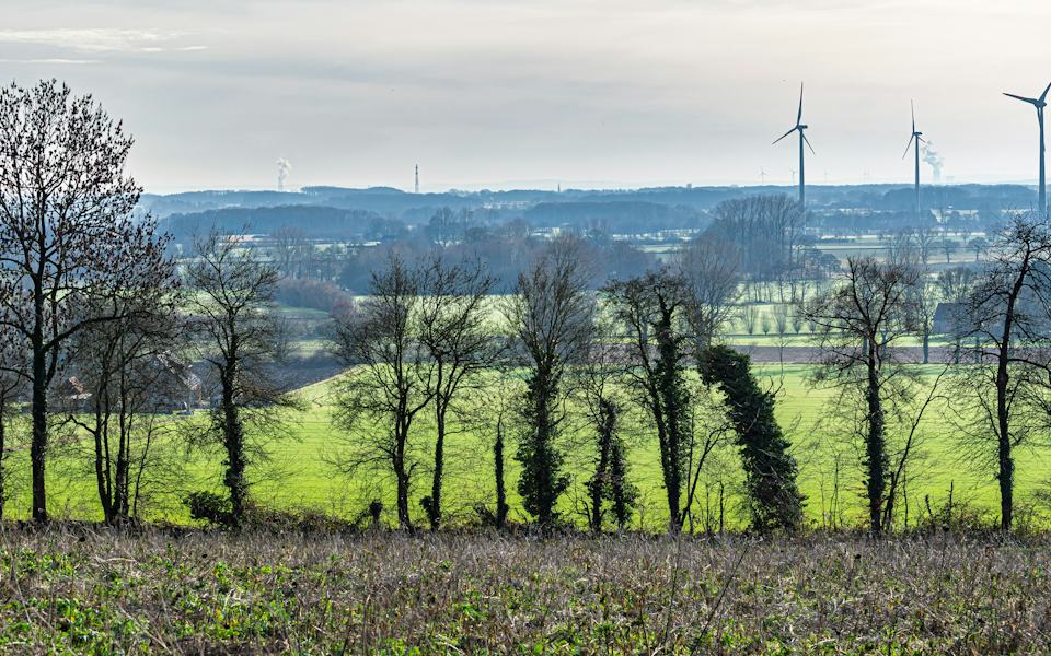 Wind turbines on the horizon of green countryside